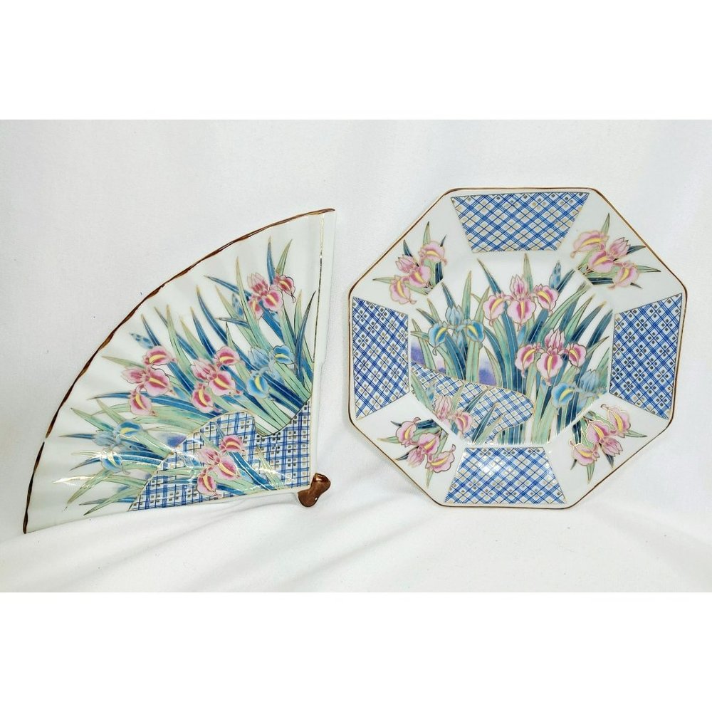 Vtg Beautiful Asian style pink blie gold iris plates